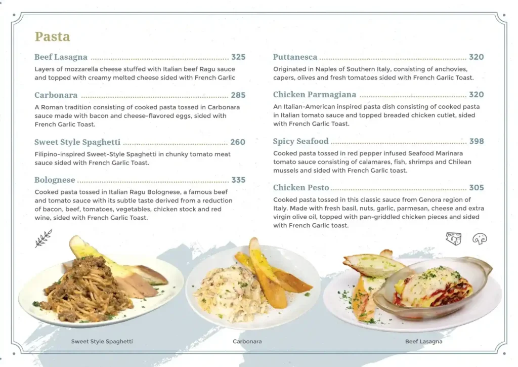 THE FRENCH BAKER Pasta Menu